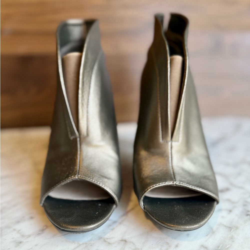 Madeline Breathe Easy Metallic Light Pewter Peep-Toe Heel Booties - Picture 2 of 14